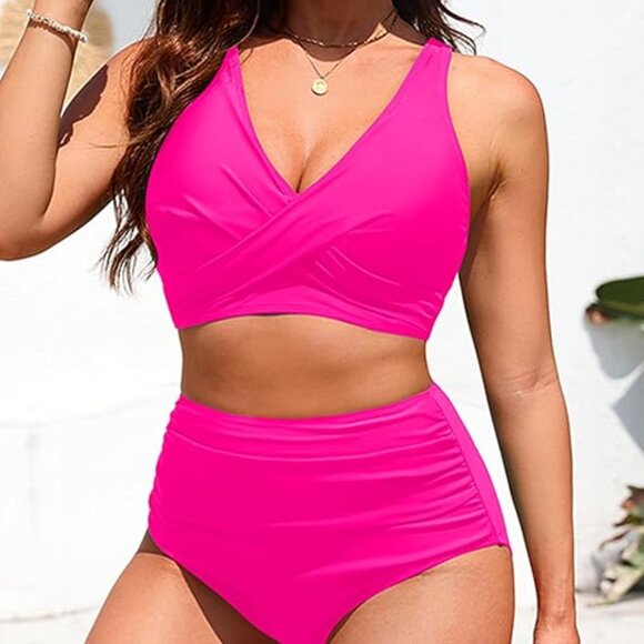 Yonique High Waisted Two Piece Swimsuit - Pink  Size: Medium - Picture 6 of 8